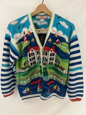 Vintage Cardigan Bay Nantucket Seaside Hand Knit Cardigan Sweater Size S